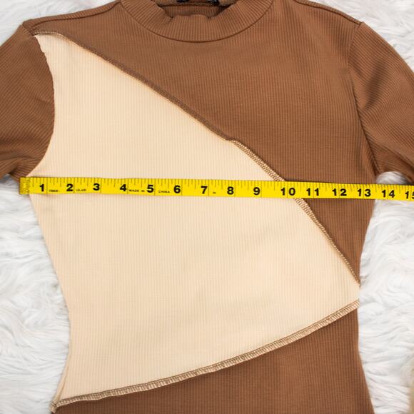 Naked Wardrobe Brown Color Block Ribbed Knit Long Sleeve Bodysuit Size Medium - Picture 7 of 12